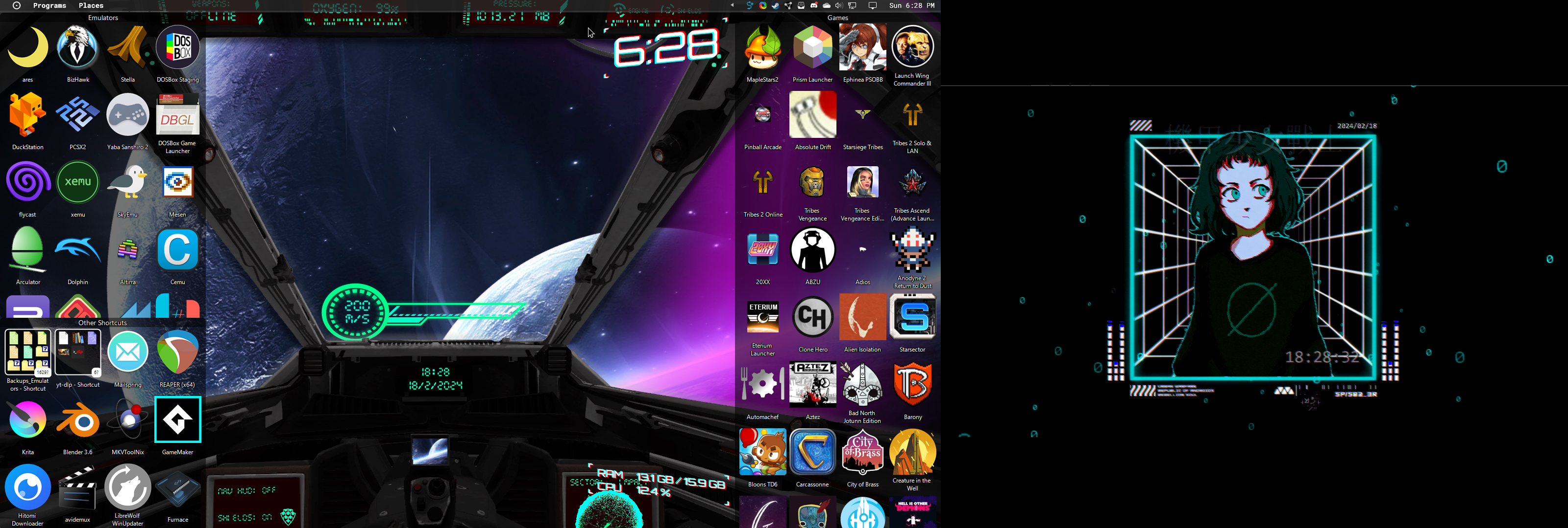 screenshot of two monitors, one with a large amount of desktop icons in containers and with a spaceship-themed background. the other is a pixel art girl