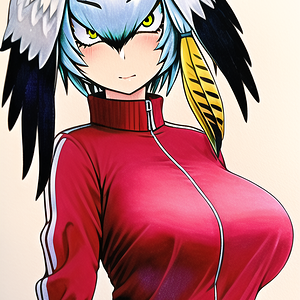 shoebill (kemono friends), traditional media, medium breasts, red track suit,  s-2851606162.png